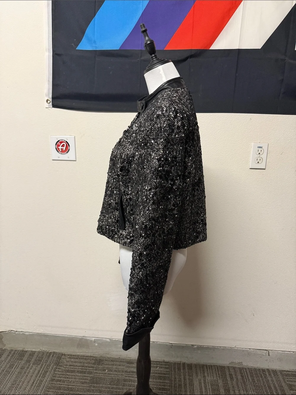 Black Tweed Sequin-Accent Boxy Jacket size M